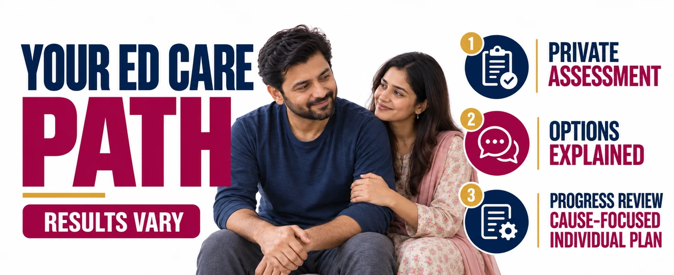 Erectile dysfunction care pathway infographic showing the preferred supportive Pakistani couple, private assessment, explained options and progress review