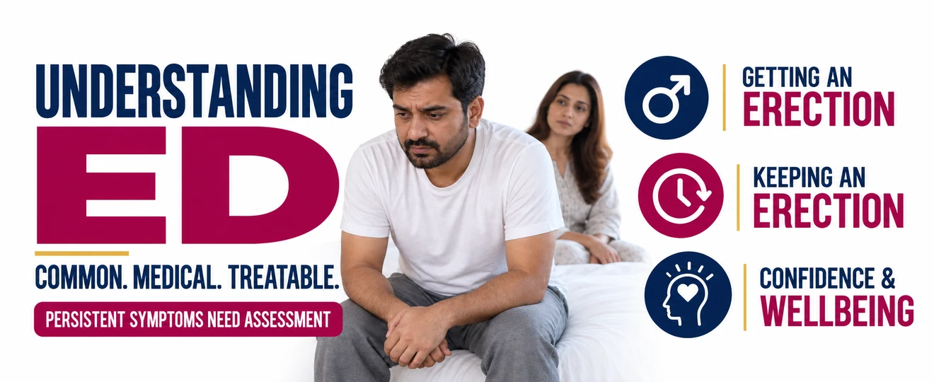 Understanding erectile dysfunction infographic showing a concerned Pakistani man with his partner and signs involving erections, confidence and wellbeing