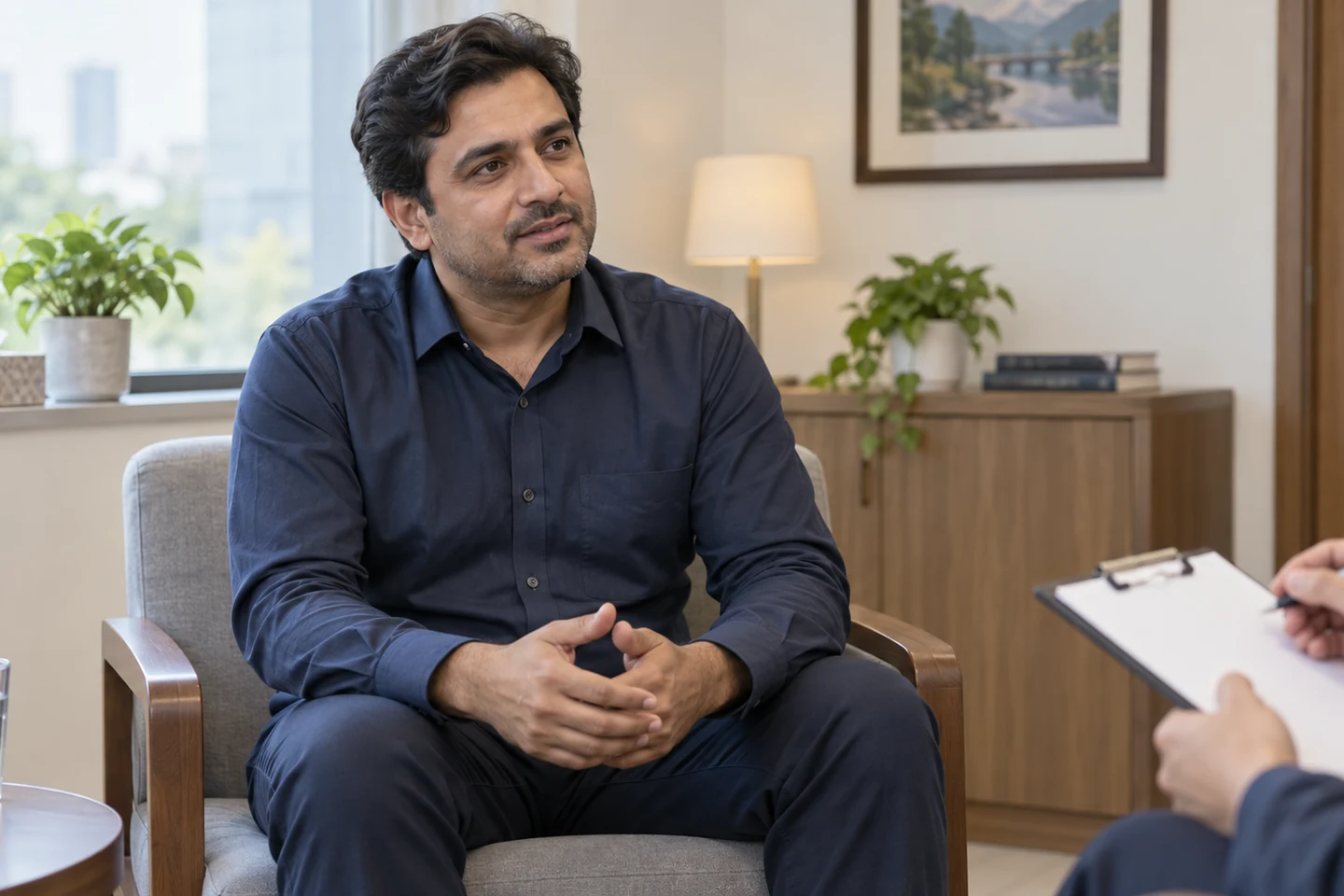 Illustrative Pakistani man discussing a private health concern during a consultation