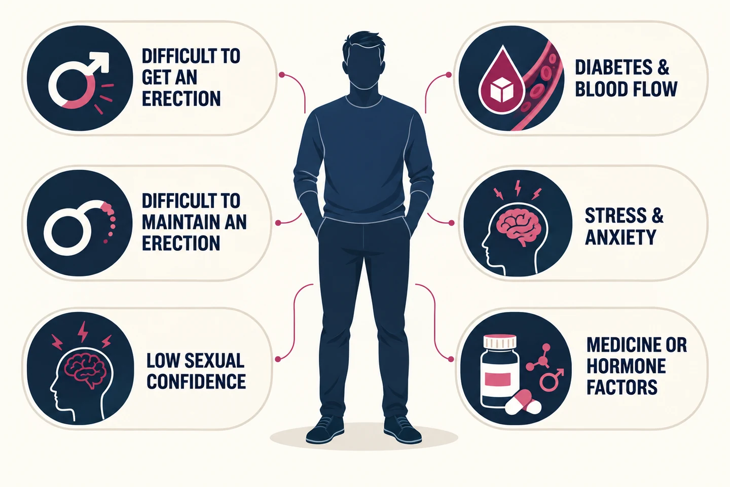 Infographic showing erection difficulty, low confidence, diabetes and blood flow, stress, medicines and hormone factors