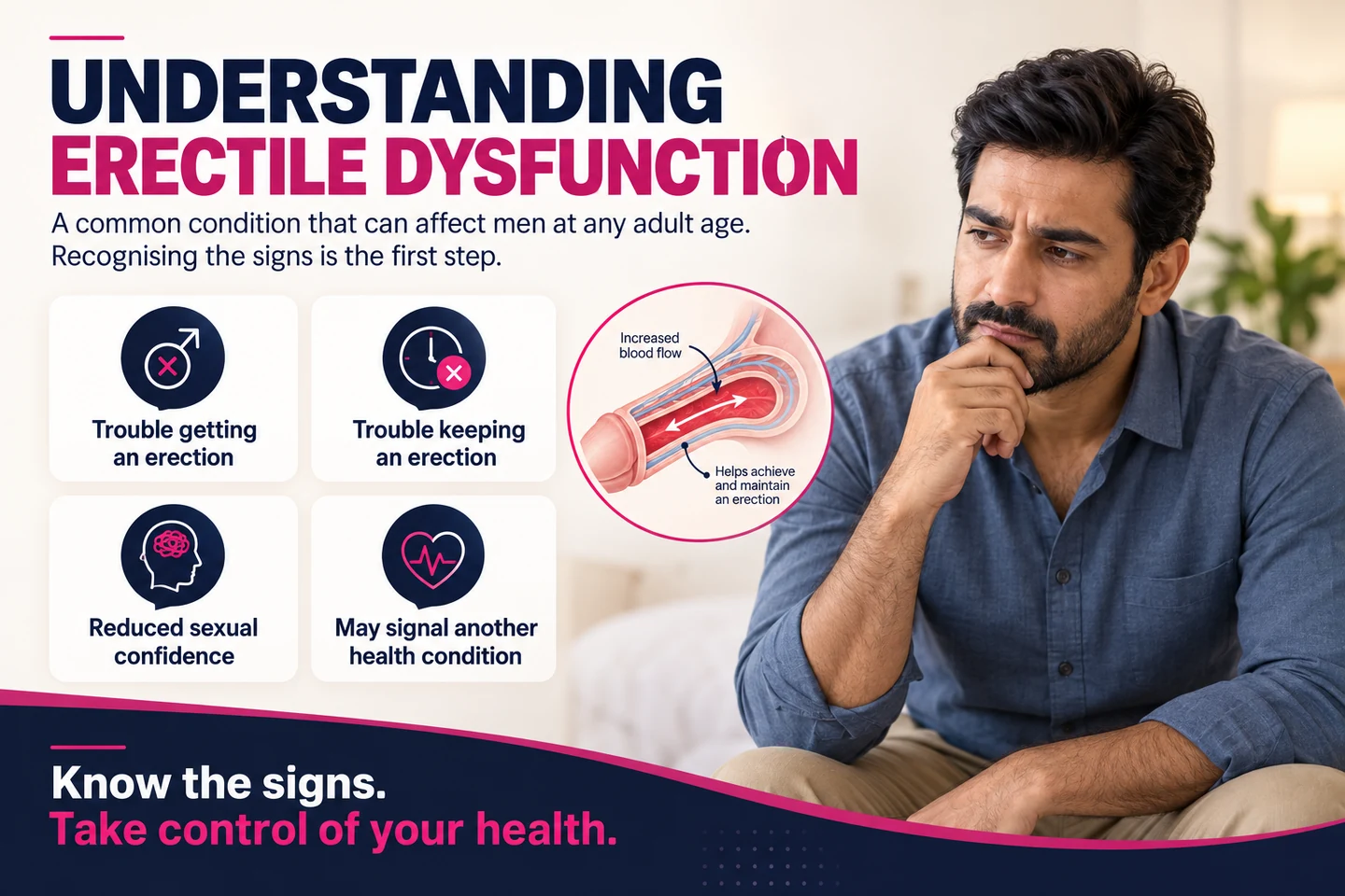 Understanding erectile dysfunction infographic showing a concerned Pakistani man, common erection difficulties, reduced confidence and possible related health conditions